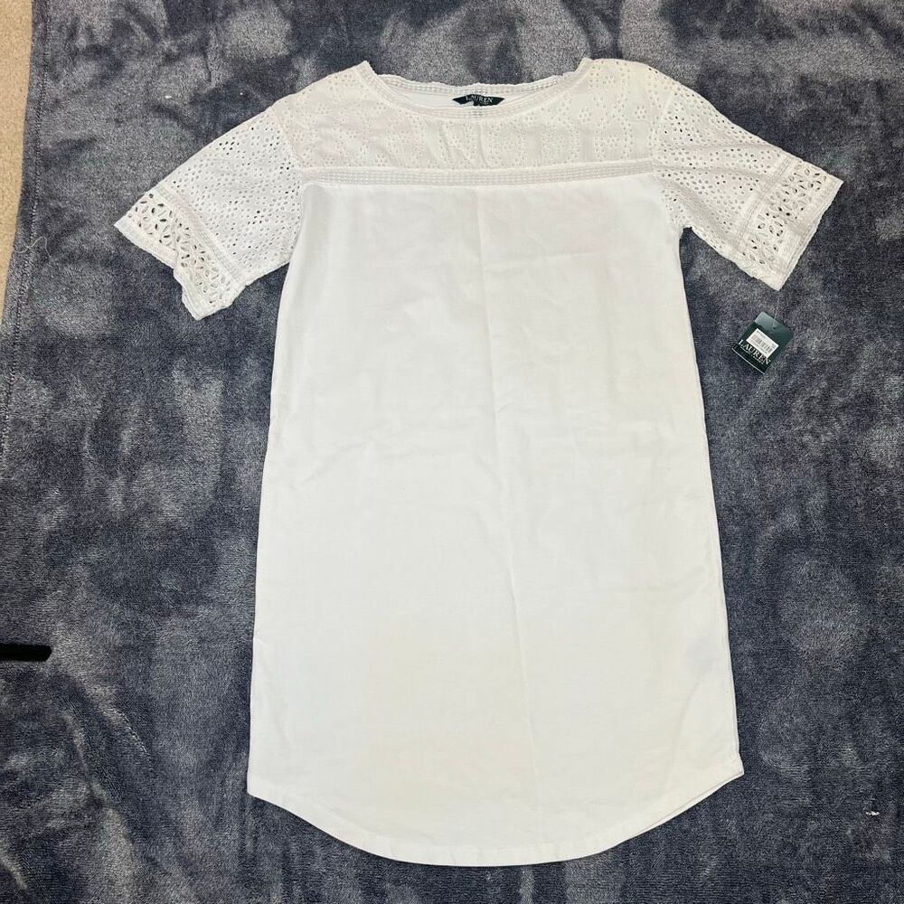 Lauren Ralph Size Small Lauren Womens White Eyelet Short Sleeve T-Shirt Dress